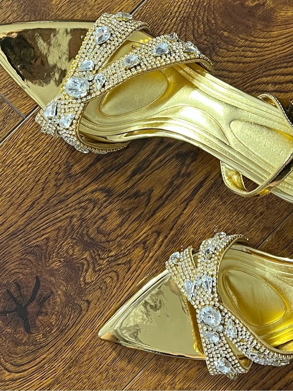 Azalea Wang Ziva Rhinestone Jewel Gold Heels Sandals 7 7.5 9 NWOB